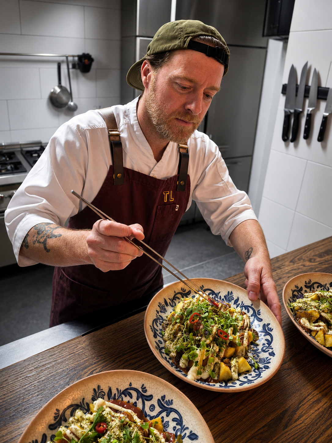 El chef Álvaro González emplatando en la cocina de Tomillo Limón