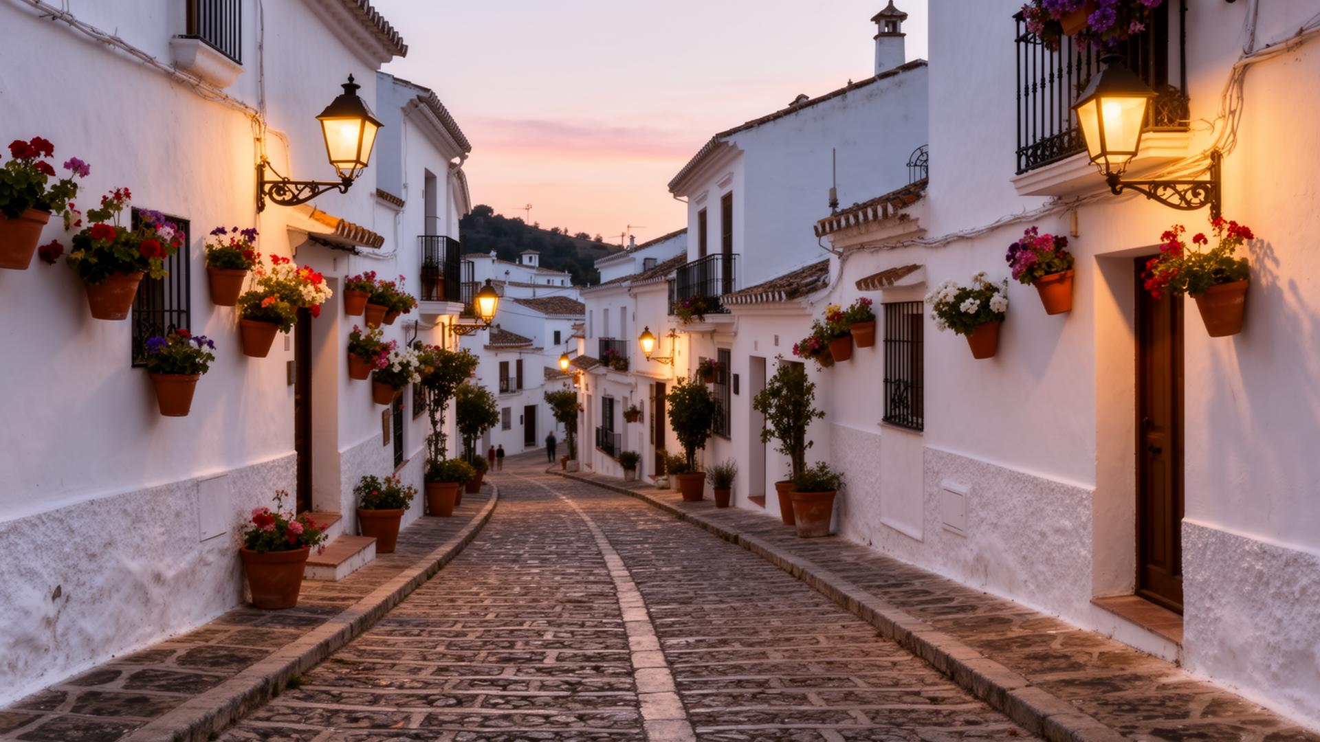 Calles blancas de Mijas Pueblo al atardecer
